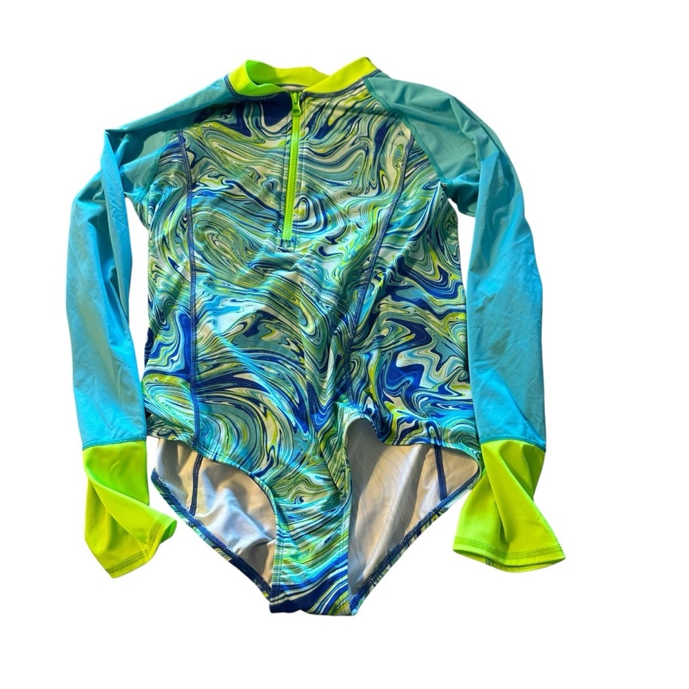 Lands' End Kids Swim Rashguard - Blue and Lime